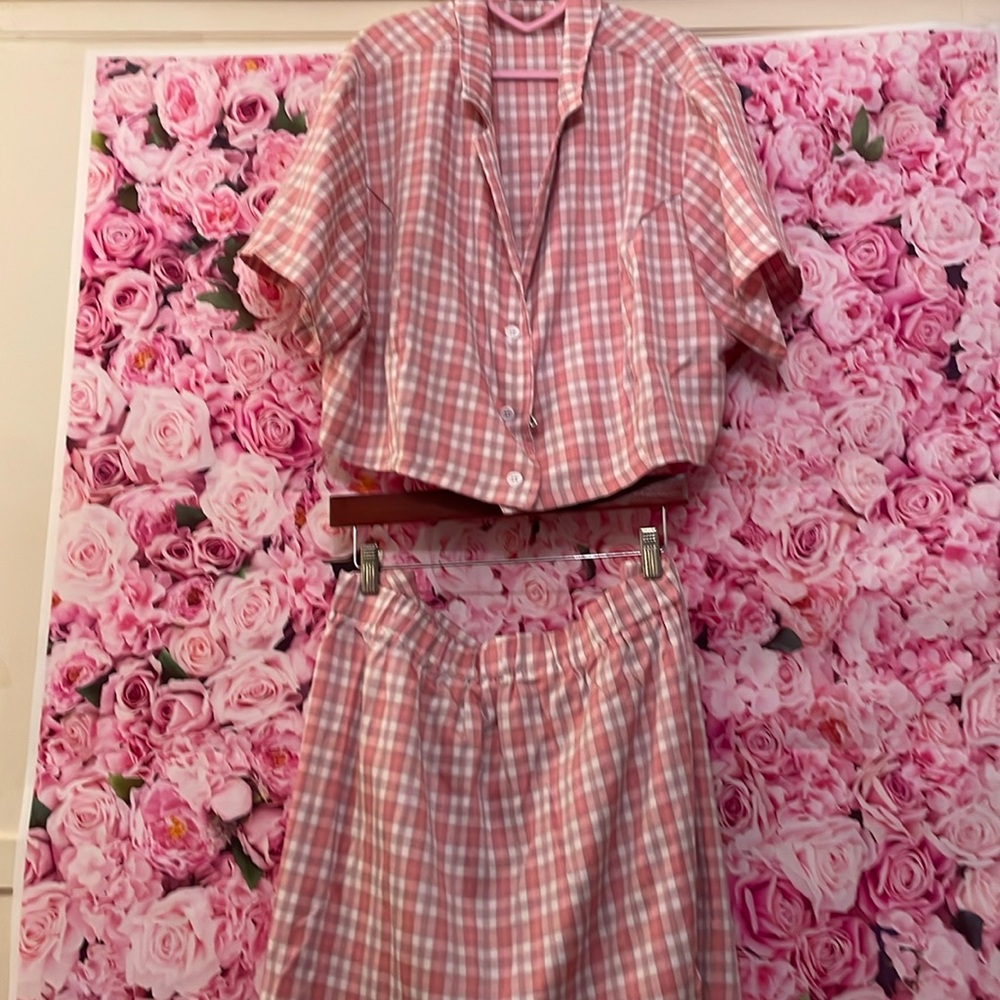 gingham pink & white top bottom down & matching skirt has a side zipper
